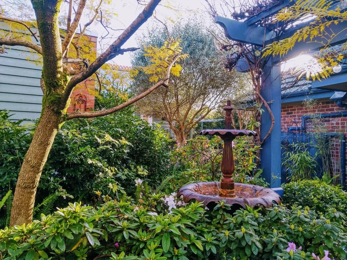 Beautifully maintained cottage garden with stone fountain in Melbourne